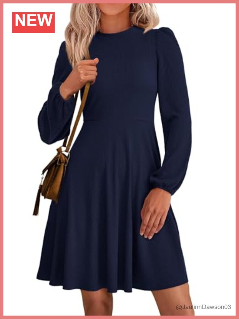 Womens A Line Long Sleeve Mini Dress Puff Sleeve Casual Crew Neck Pull On